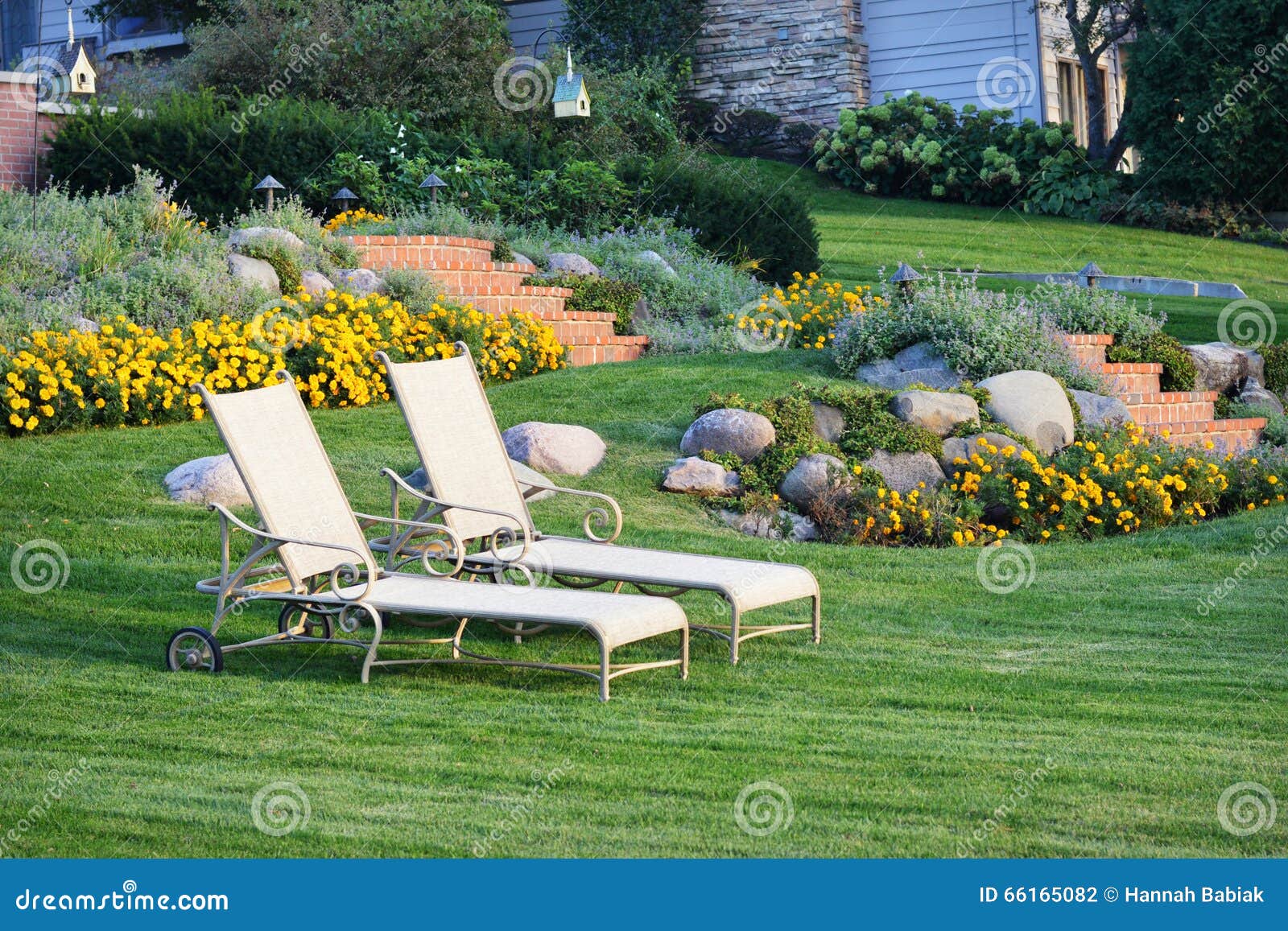 white lawn chairs landscaped yard