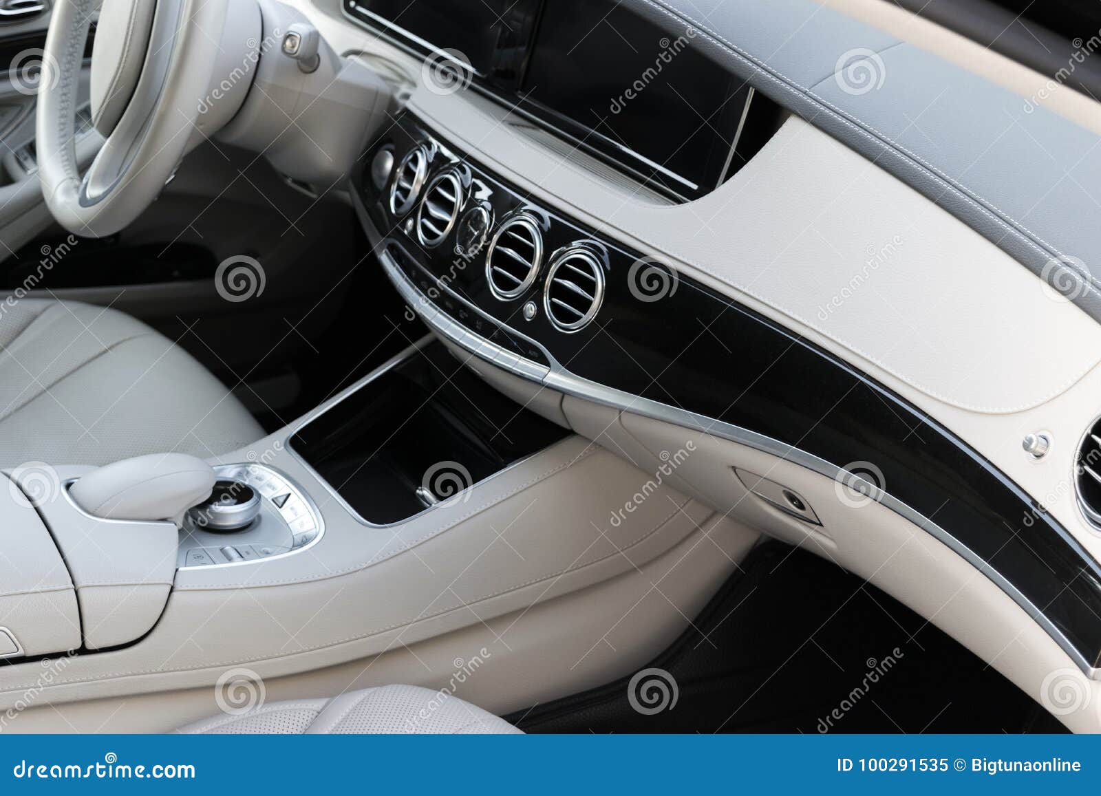 White Leather Interior of the Luxury Modern Car. Leather Comfortable