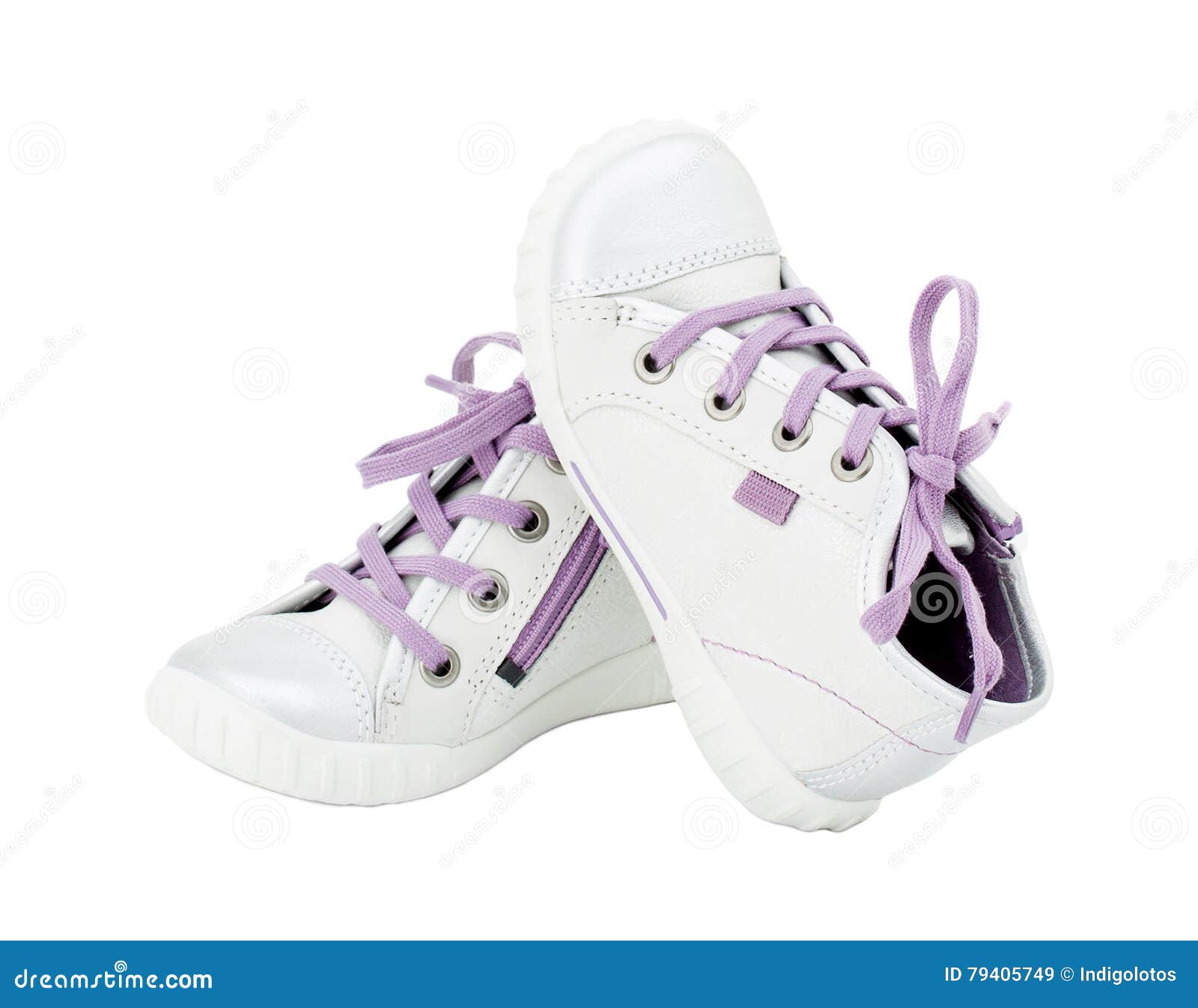 White Leather Sneakers with Purple Shoelace. Stock Image - Image of ...