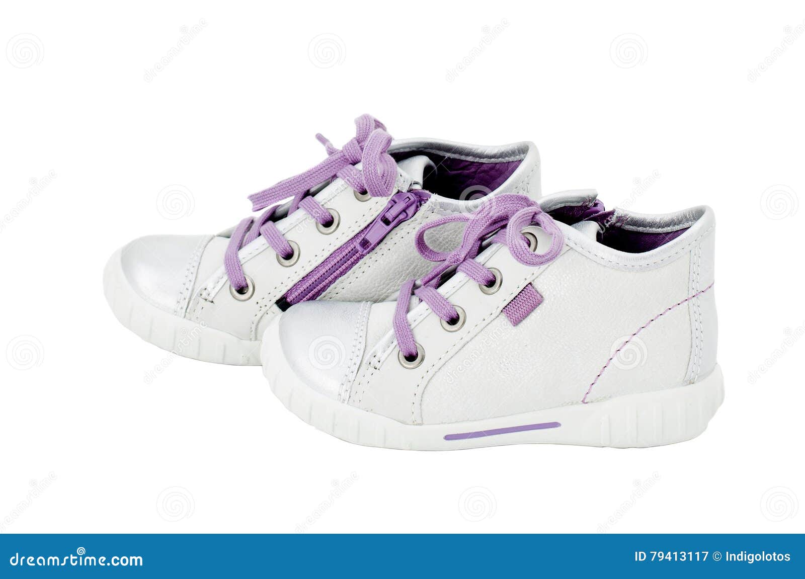 White Leather Sneakers with Purple Shoelace. Stock Image - Image of ...