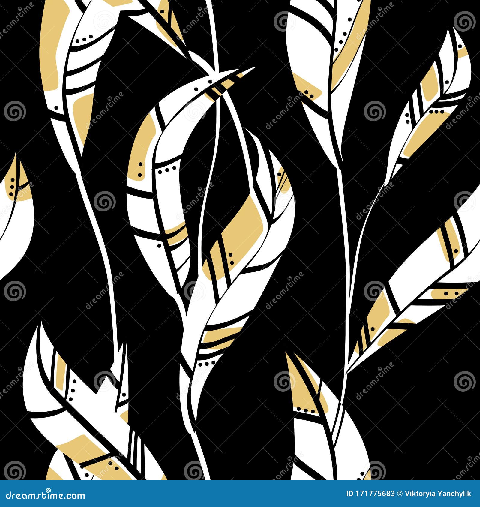 White Leaves on Black Background Seamless Pattern Stock Vector