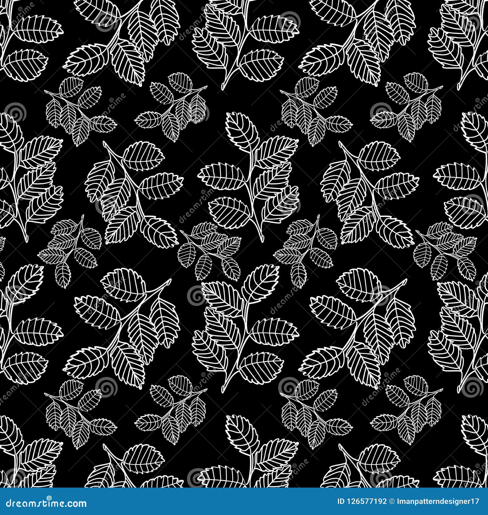 White Leaves and Branches Seamless Pattern Over Black Background Stock ...