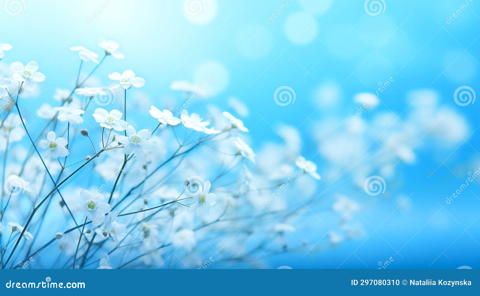 White, Light, Delicate, Small Flowers on a Blue Background. Stock Photo