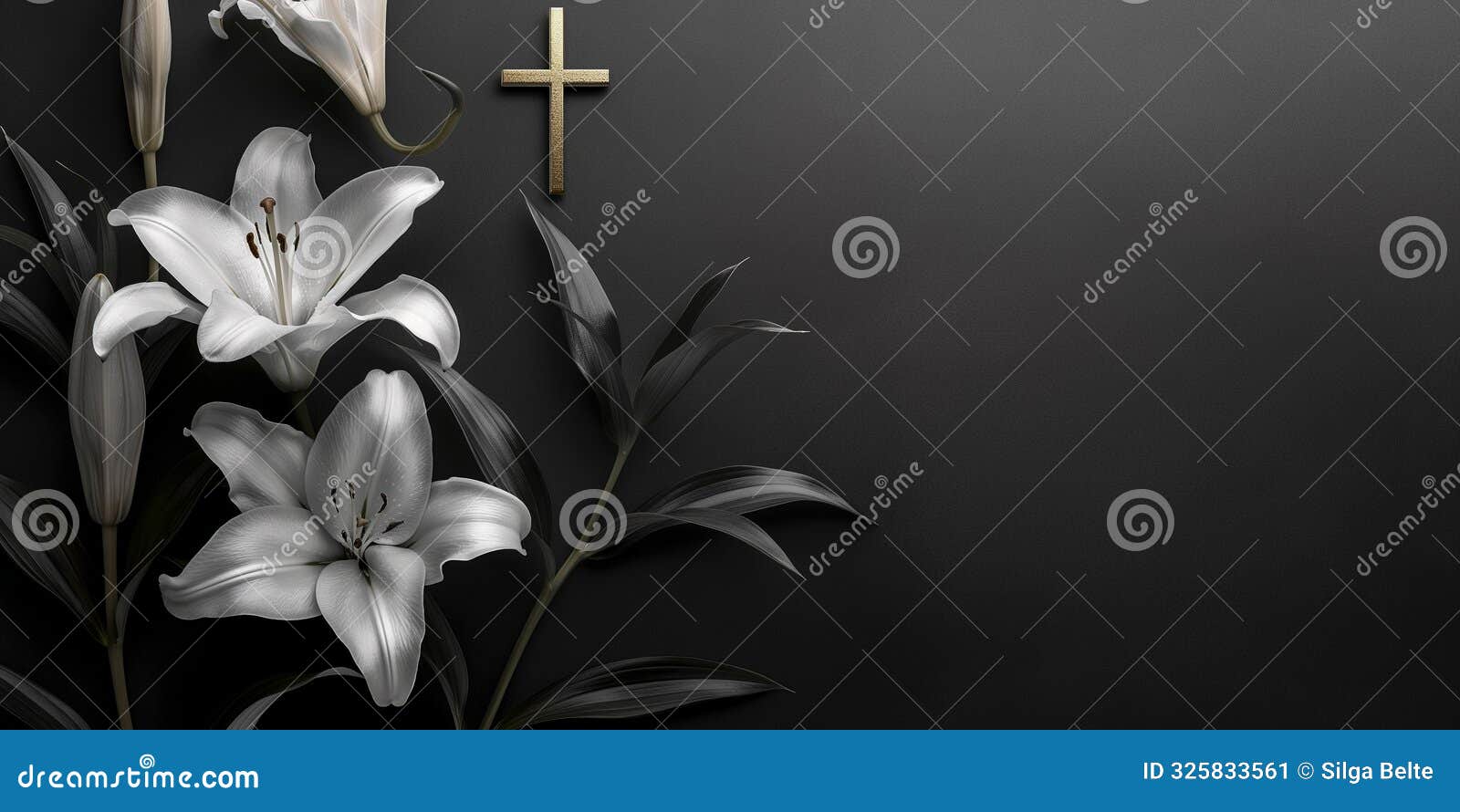white lilies with golden cross on dark background, serene and solemn concept. idea for funeral or necrology background