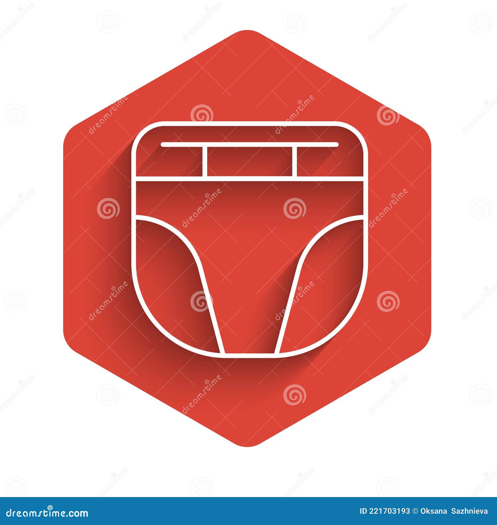 white line diaper for dog icon  with long shadow. pet hygiene accessory. red hexagon button. 