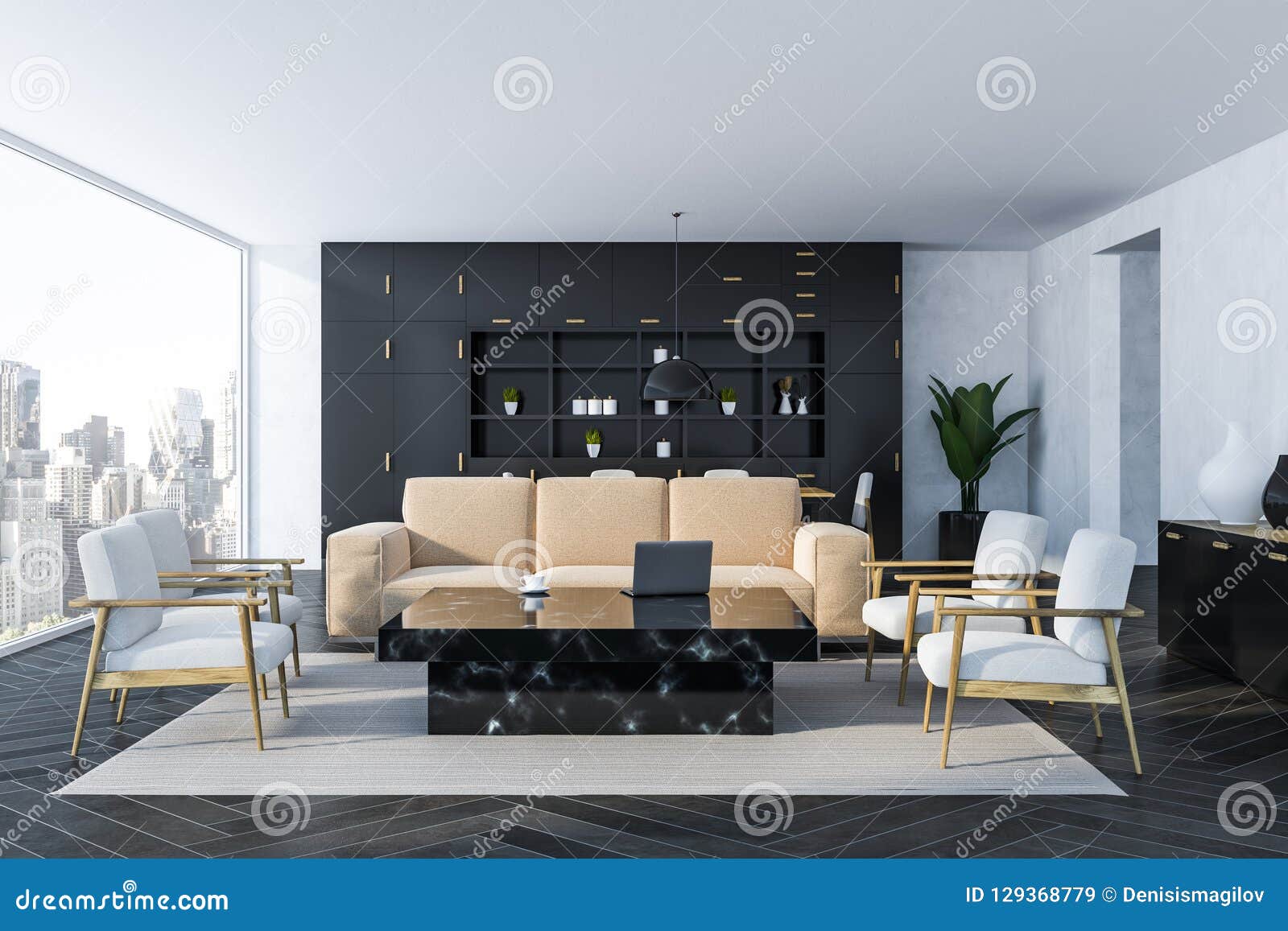 White Living Room Interior Black Marble Table Stock Illustration