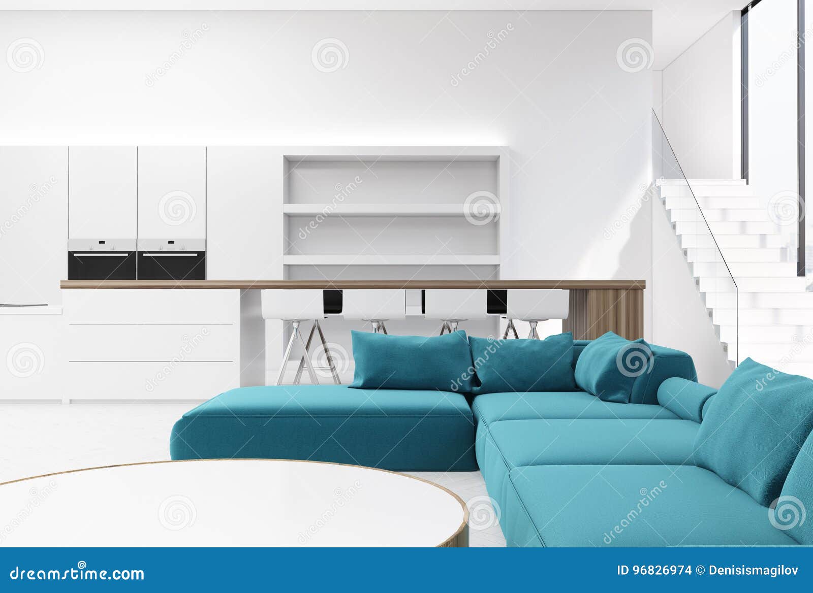 White Living Room Interior, Blue Sofa Stock Illustration Illustration