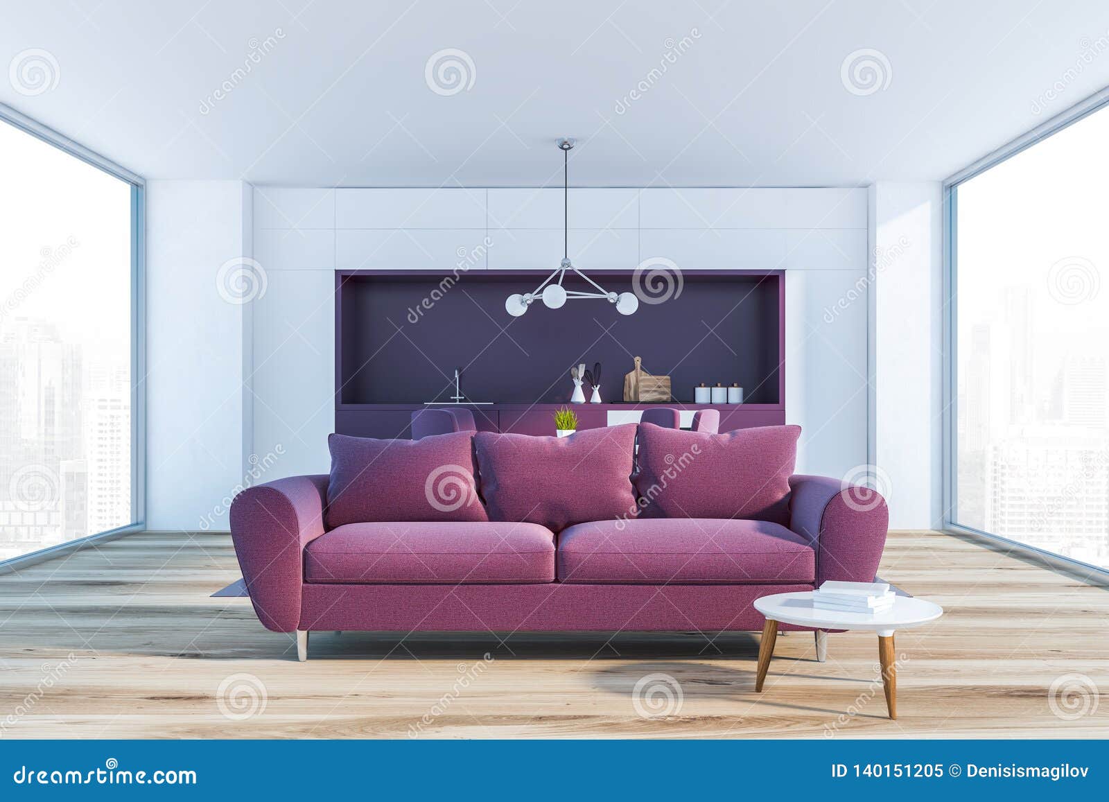 White Living Room Interior Red Sofa Stock Illustration