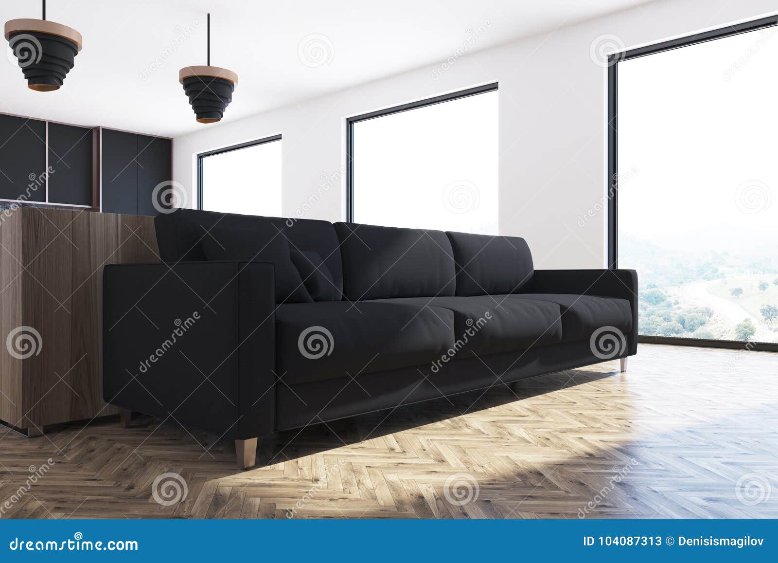 White Living Room With Black Sofa Stock Illustration