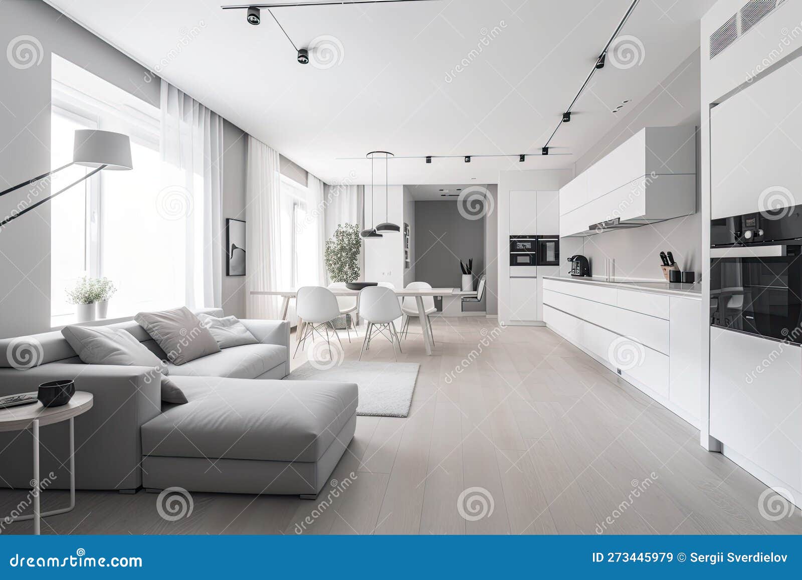 White Living Room and Kitchen Interior Generative AI Stock Illustration