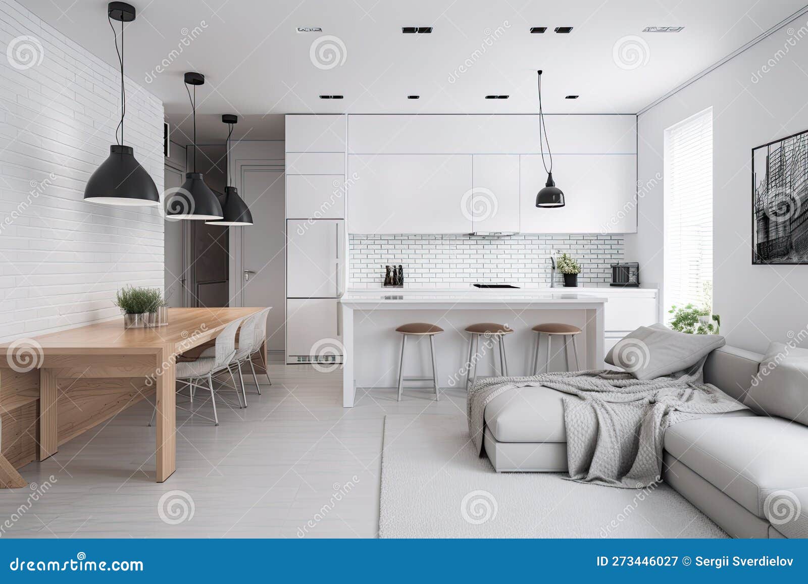 White Living Room and Kitchen Interior Generative AI Stock Illustration