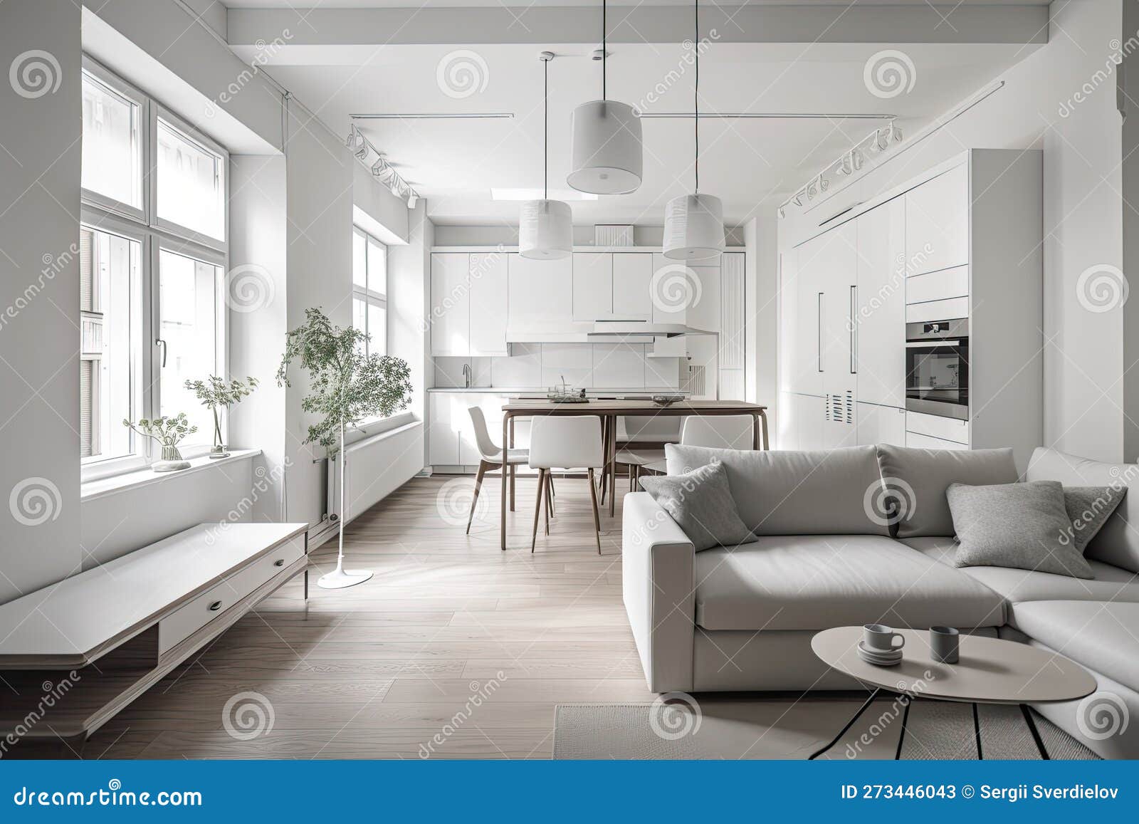 White Living Room and Kitchen Interior Generative AI Stock Illustration