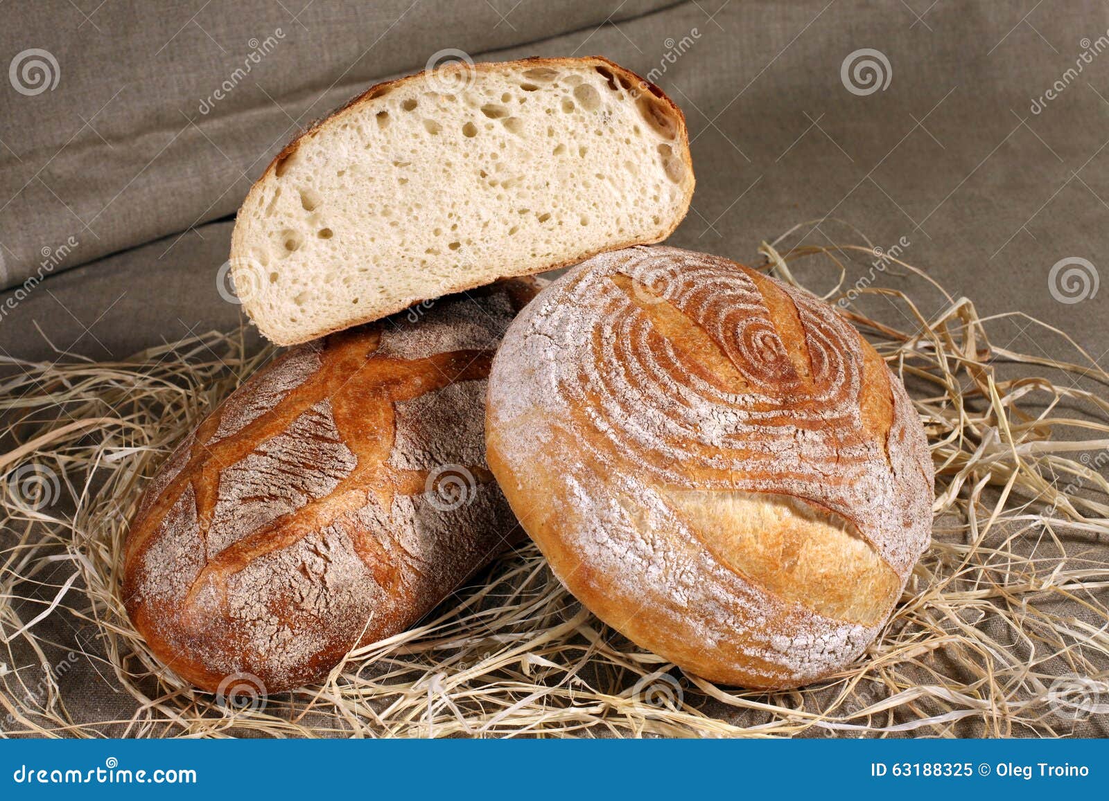 White Loaf Two Different Forms Lying in the Straw on Gray Linen Stock Image Image of loaf