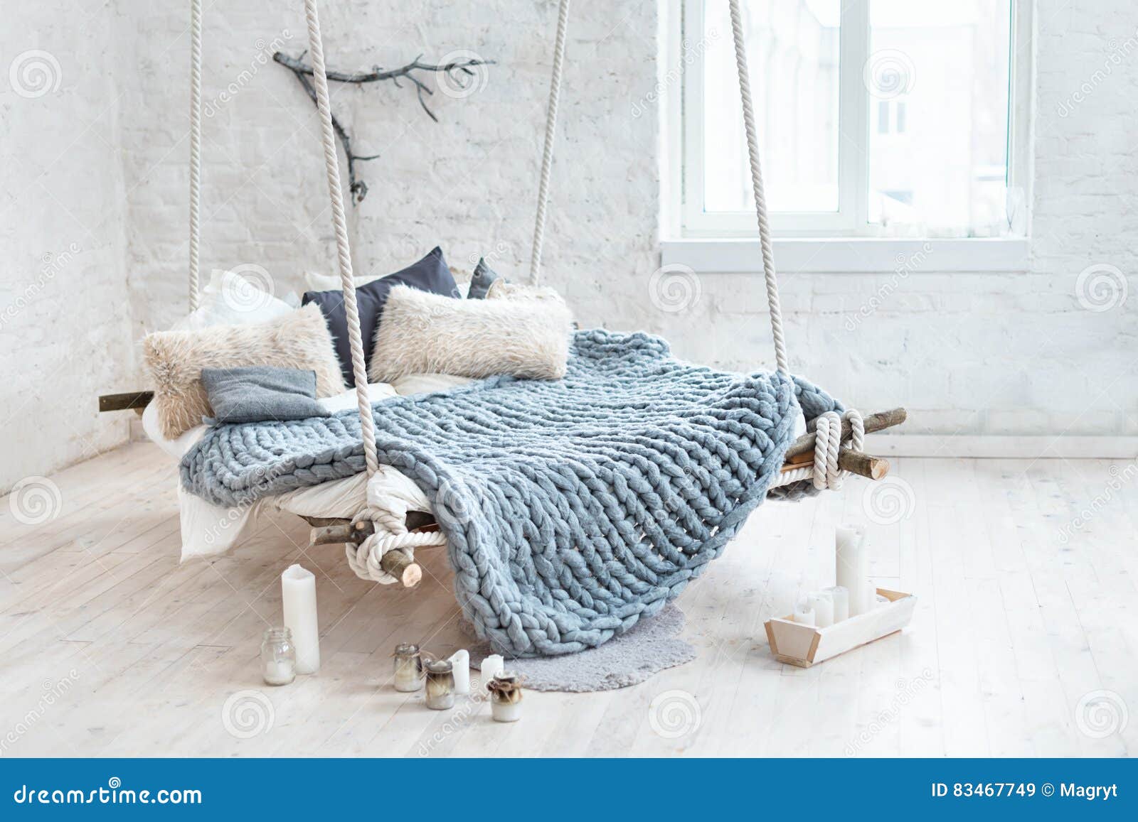 White Loft Interior In Classic Scandinavian Style Hanging Bed