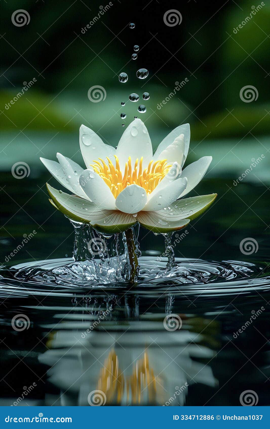 white lotus flower getting soaked in the rain, water droplets falling from its petals into a pond. generative ai