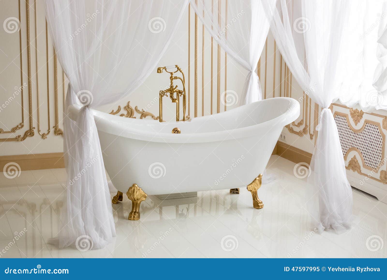 White Luxurious Bath with Golden Legs at Bathroom Stock Image - Image ...