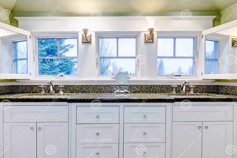 White Luxury Bathroom with Two Sinks. Stock Photo Image of
