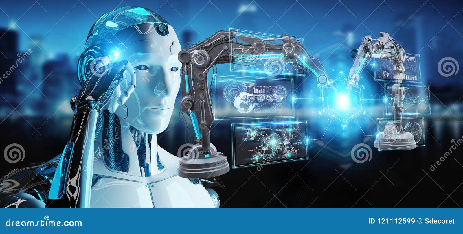 white man robot using robotics arms with digital screen 3d rendering
