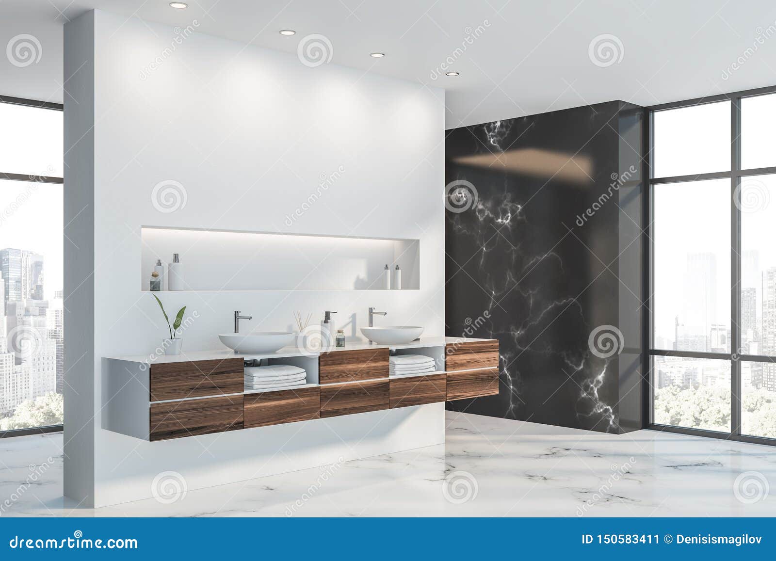 White And Marble Bathroom Corner Double Sink Stock Illustration