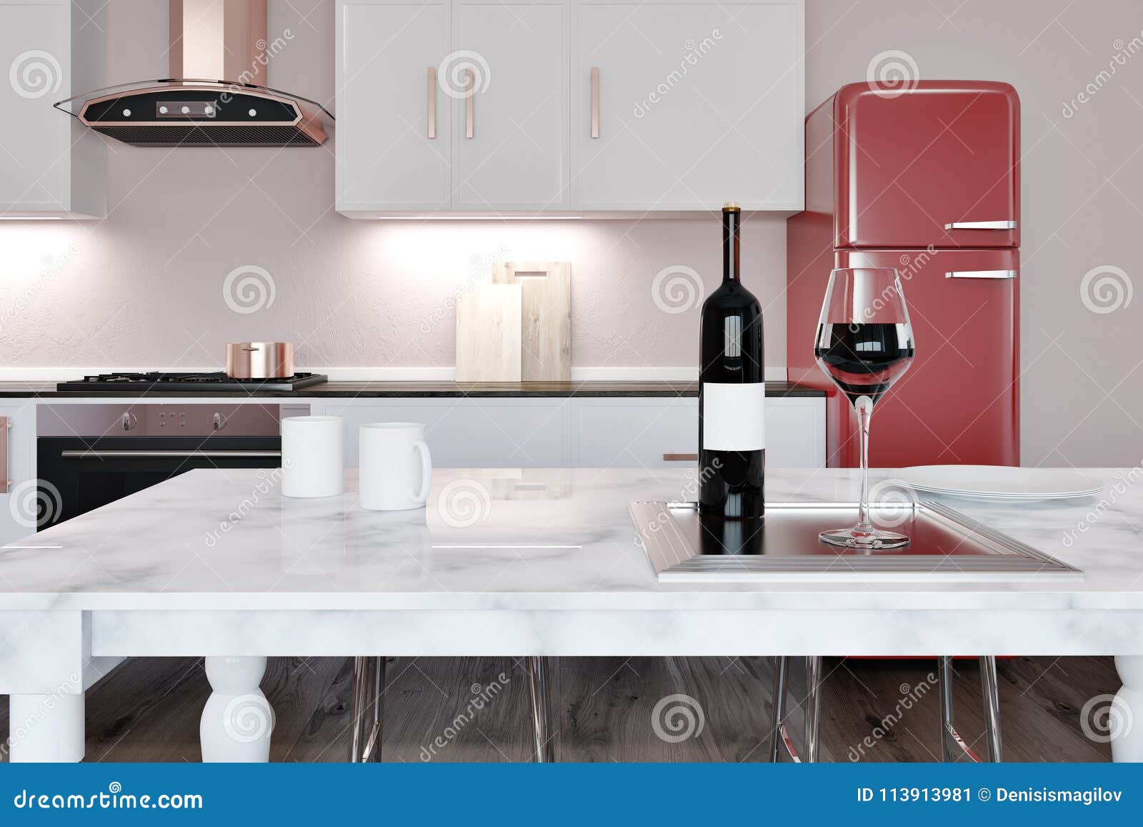 White Marble Kitchen Island white marble kitchen island with a bottle of wine standing on it a red kitchen in the background 3d rendering