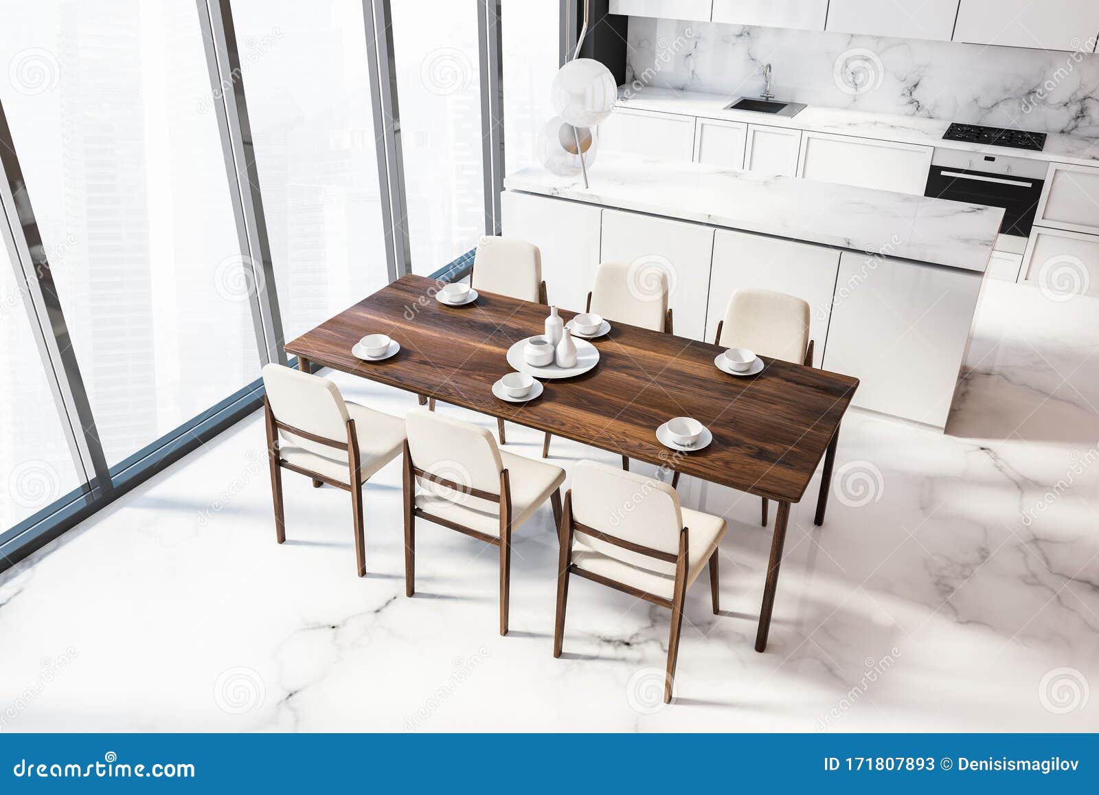 White Marble Kitchen With Table