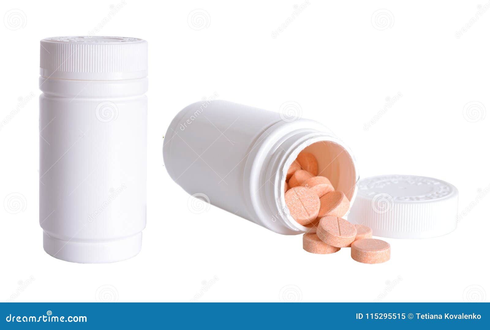 White Medical Container with Pills Isolated on White Background. Stock