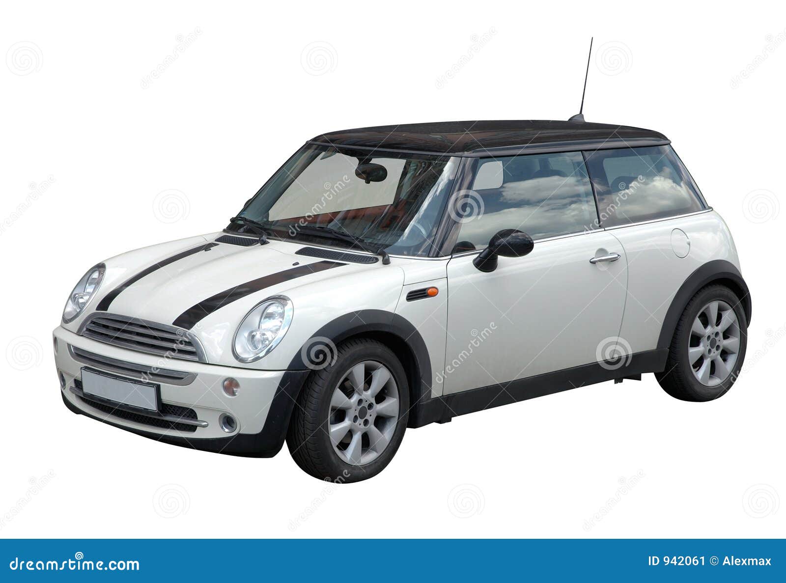 White mini car in retro style with black sport stripes isolated on 