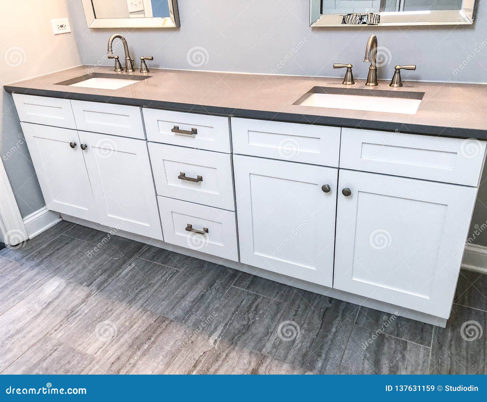 White Modern Bathroom Cabinets With Quartz Countertop Two Sinks