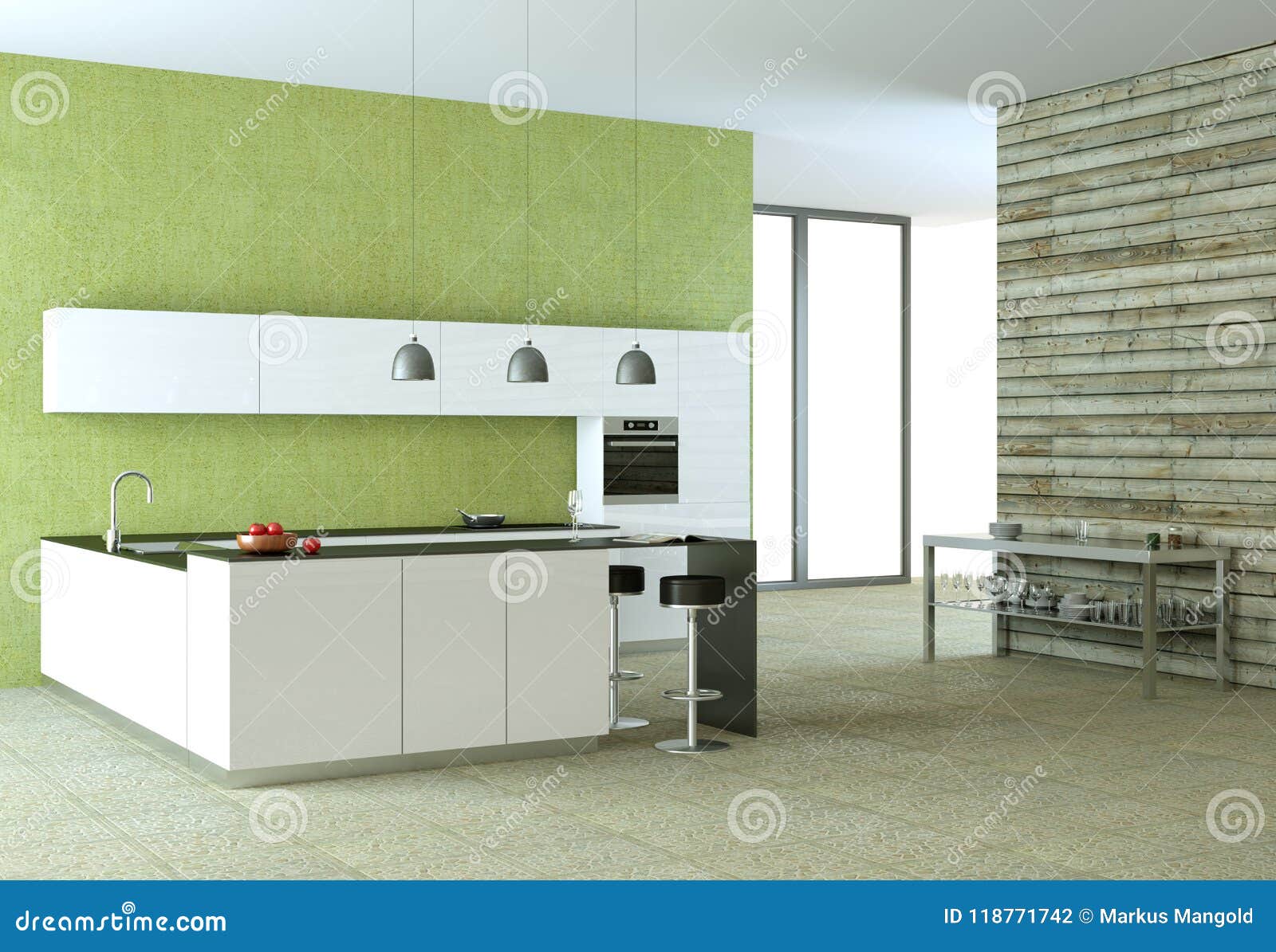 White Modern Kitchen with Green Wallpaper Stock Illustration