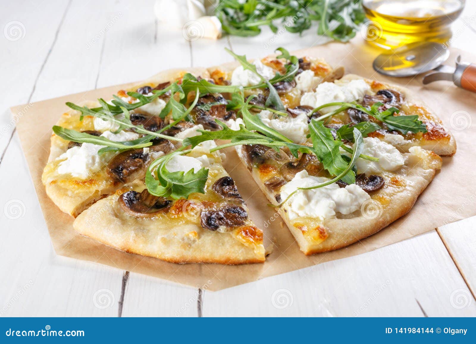 White Mushroom Pizza With Ricotta Cheese And Arugula Stock Photo Image Of American Pizza 141984144