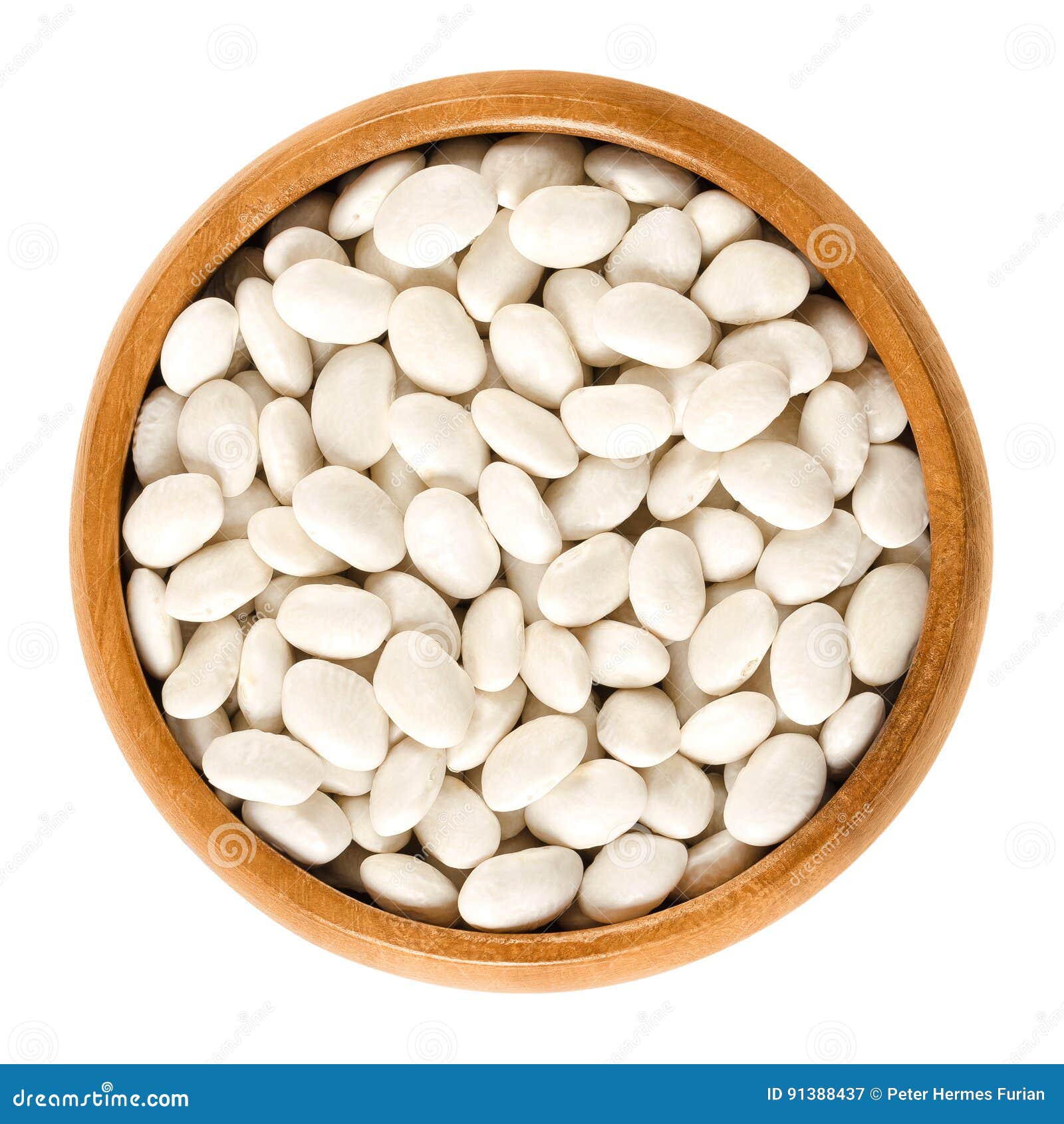 white navy beans in wooden bowl over white