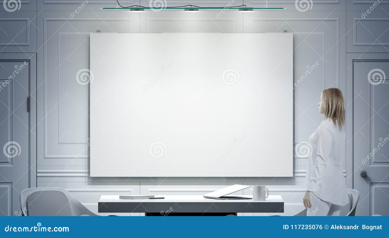 Download White Office Interior With Blank Poster Person Stand Mockup Stock Illustration Illustration Of Illuminated Interior 117235076 PSD Mockup Templates