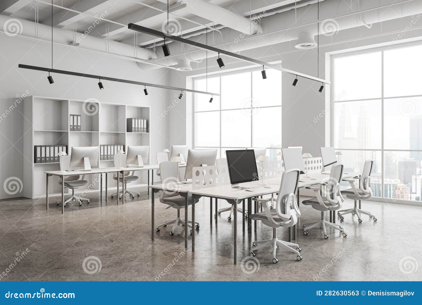 White Office Room Interior with Pc Computer on Table in Row, Panoramic Window Stock Illustration