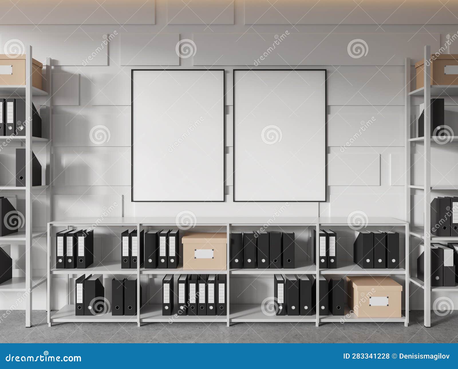 White Office Shelves with Folders and Posters Stock Illustration