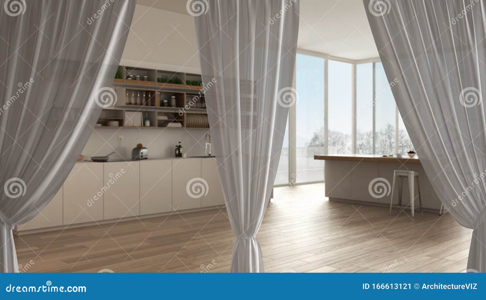 White Openings Curtains Overlay Modern Kitchen Interior