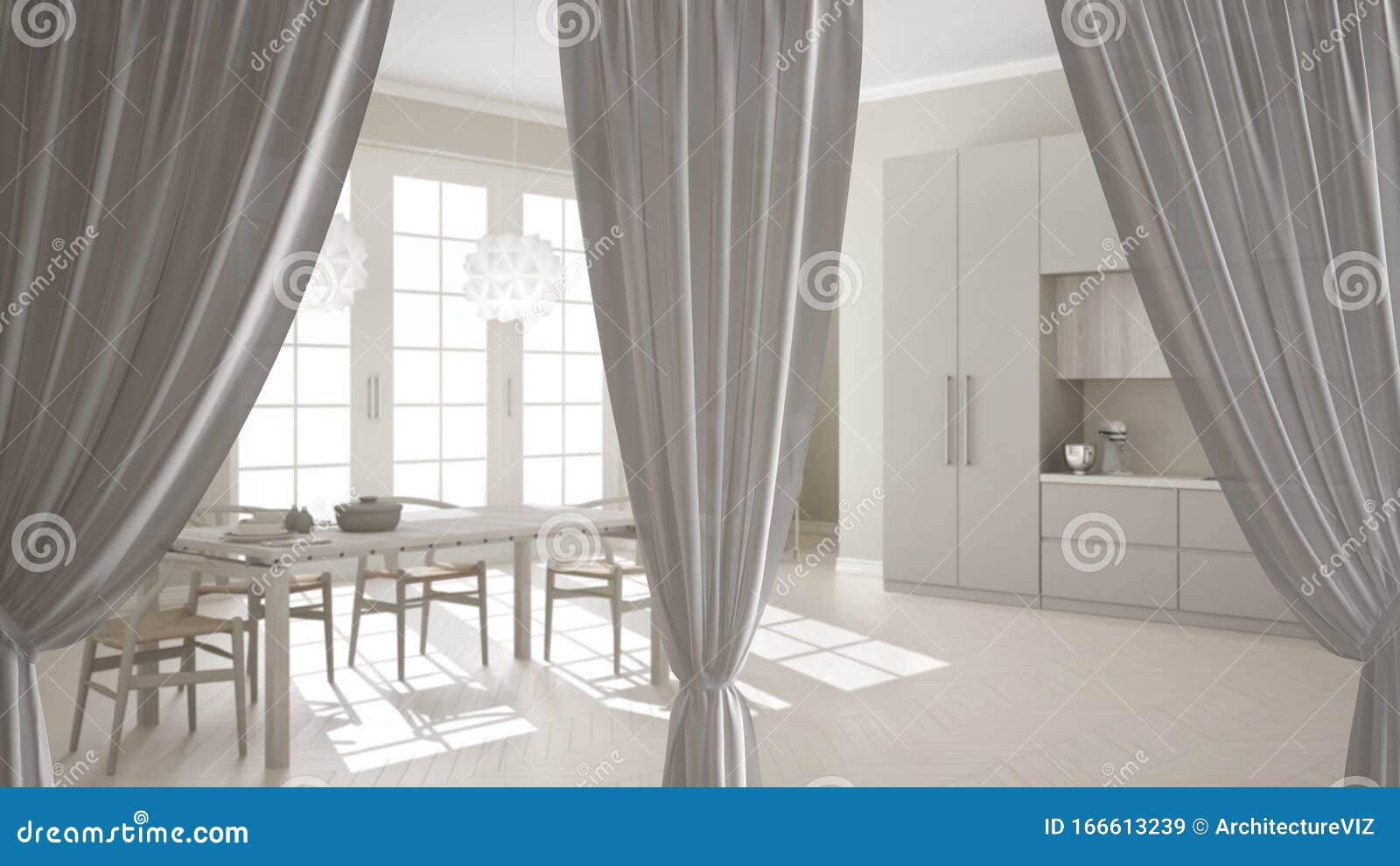 White Openings Curtains Overlay Modern Kitchen Interior