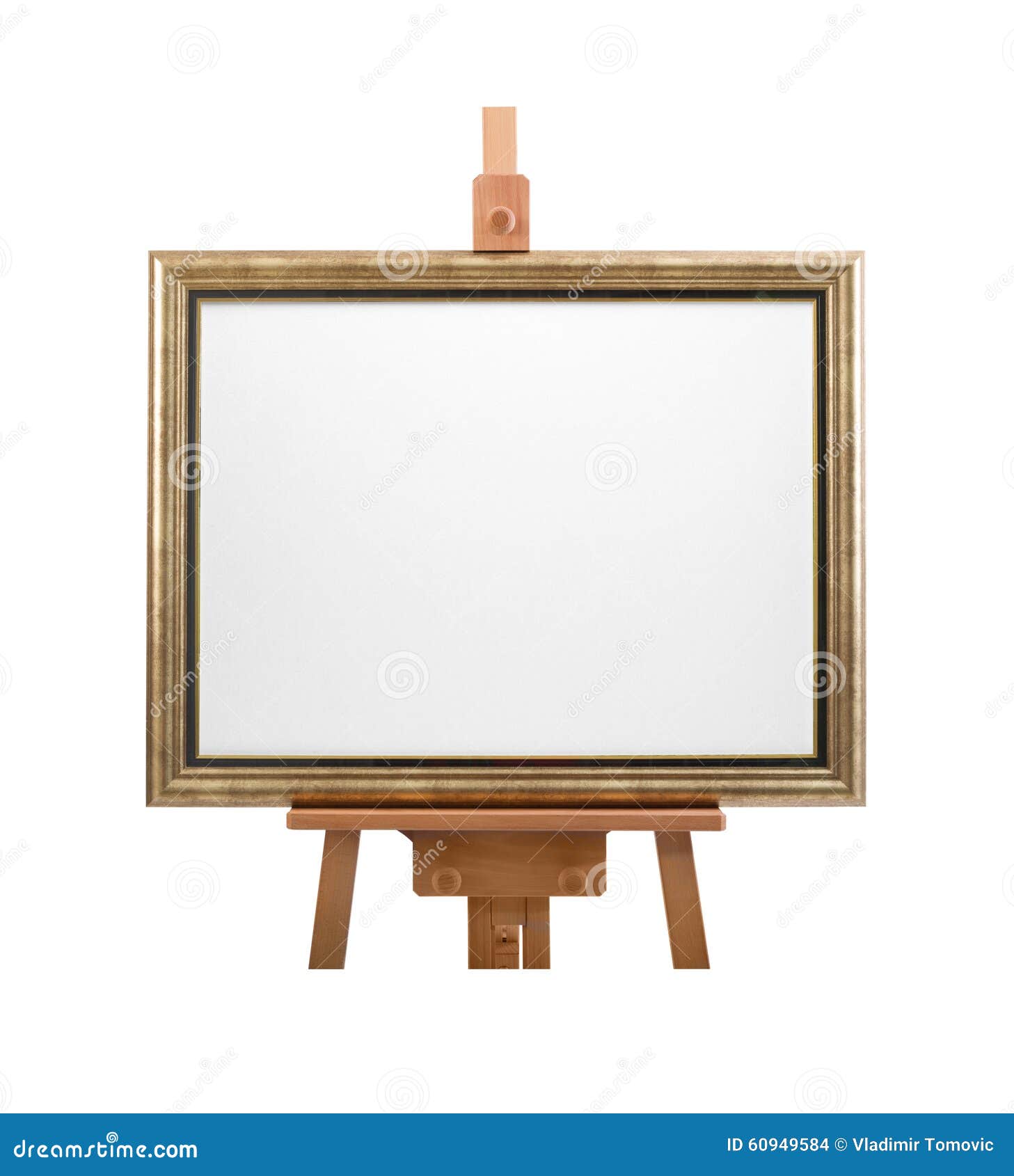 White Painter Canvas in Frame on Wooden Easel Isolated on White Stock