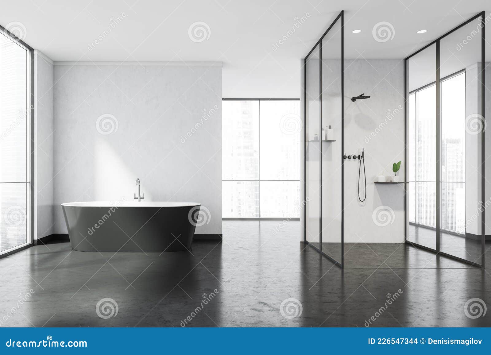 White Panoramic Bathroom Space with Walkways, Black Bathtub and Glass ...