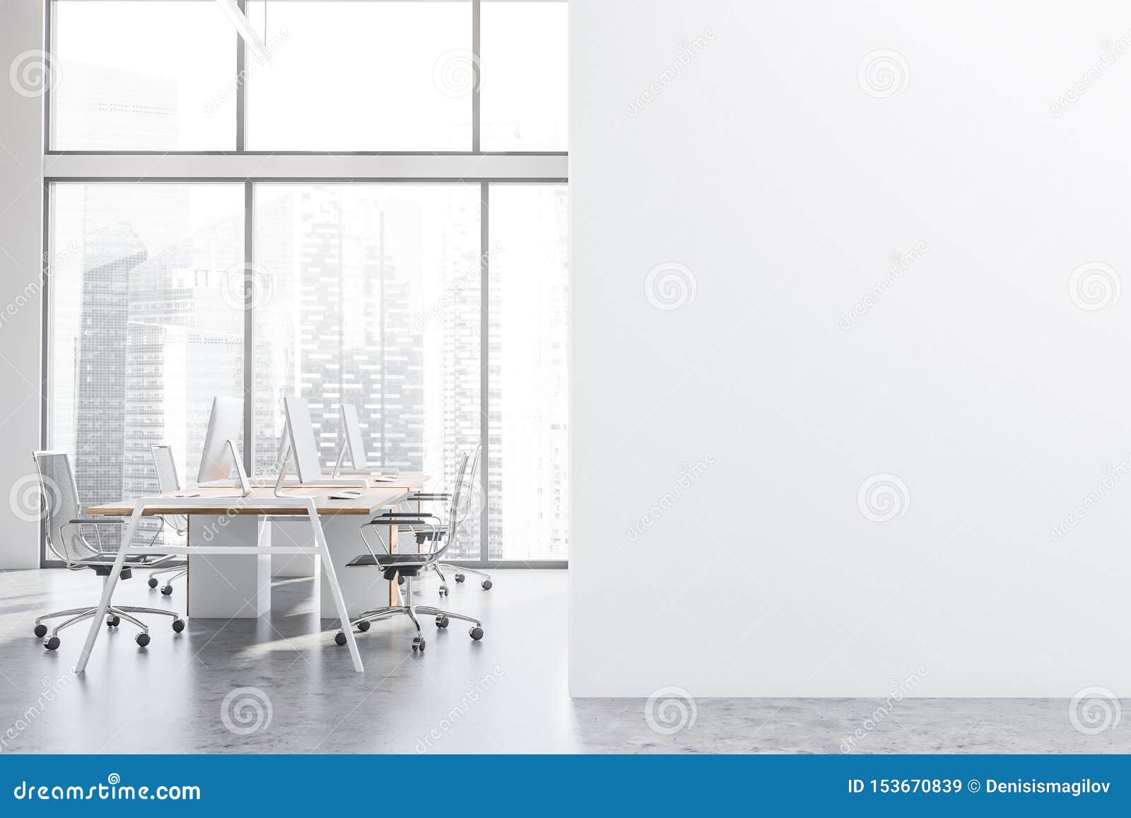 White Panoramic Open Space Office Mock Up Wall Stock