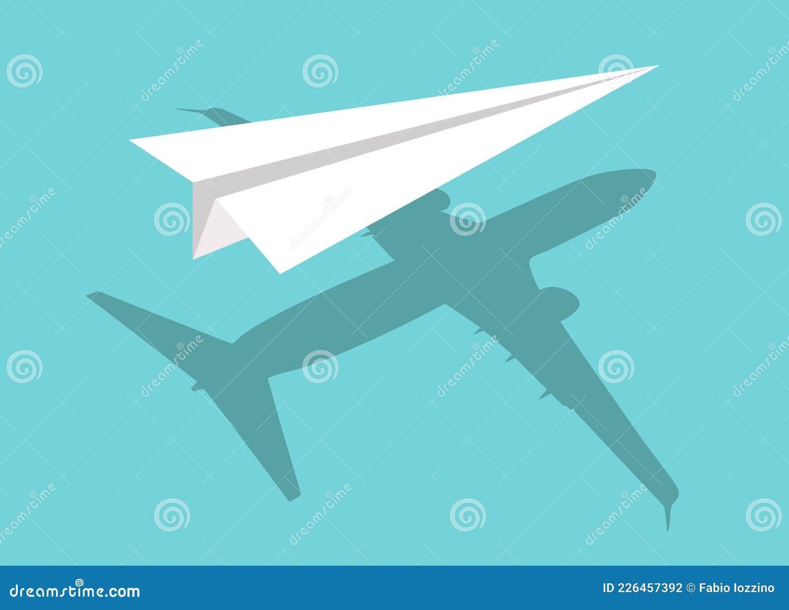 White Paper Airplane on Light Blue Background with Real Plane Shadow 