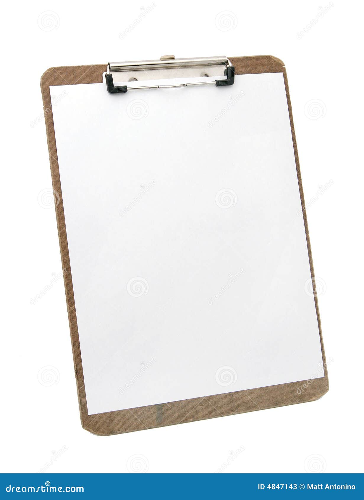 White paper on clipboard. Wooden clipboard and blank paper