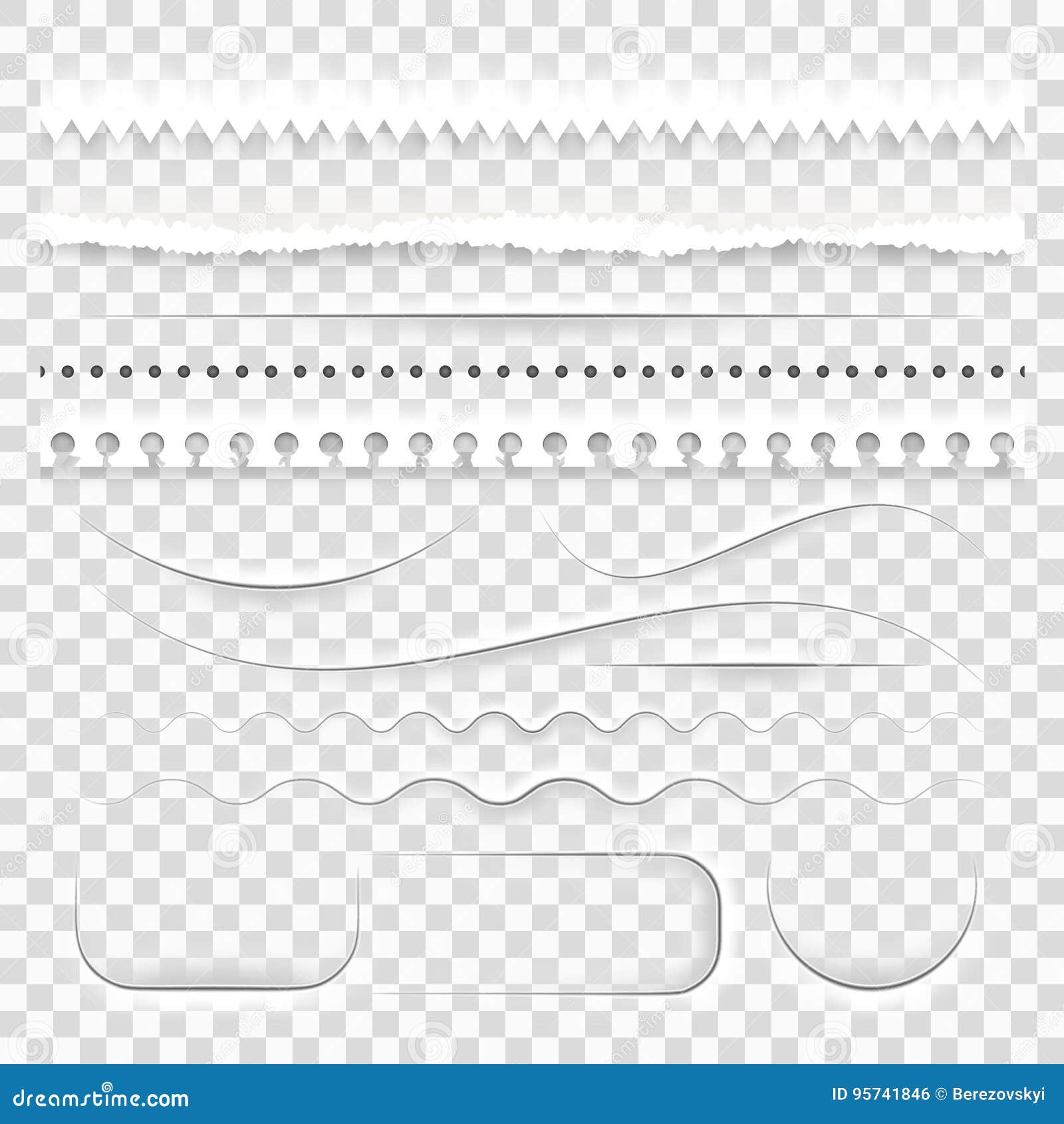 White paper decorative dividers. EPS 10. Set of realistic semitransparent white paper decorative dividers, cut torn ripped edges with shadows. And also includes EPS 10 vector