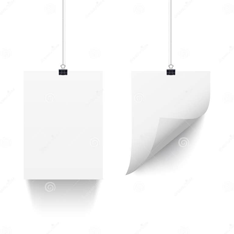 White Paper Sheets Hanging on Paper Clips Isolated on White Background. Vector A4 Vertical