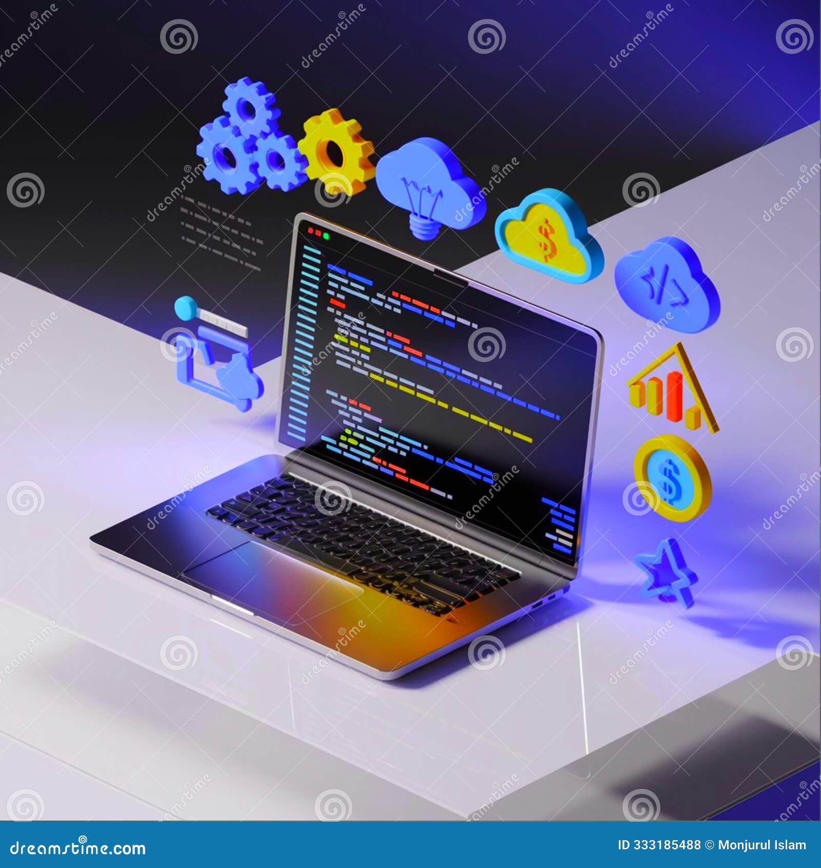 laptop in the background code dollar icon marketing icons images cereting whit generate ai