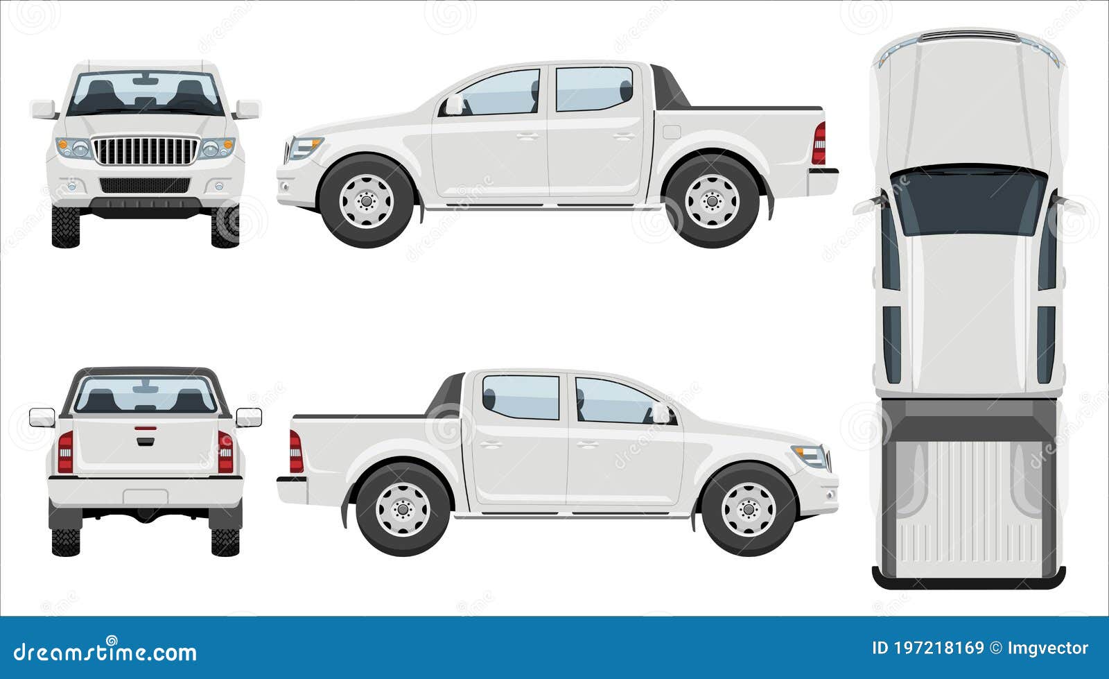 white pickup  template. vehicle branding mockup side, front, back top view
