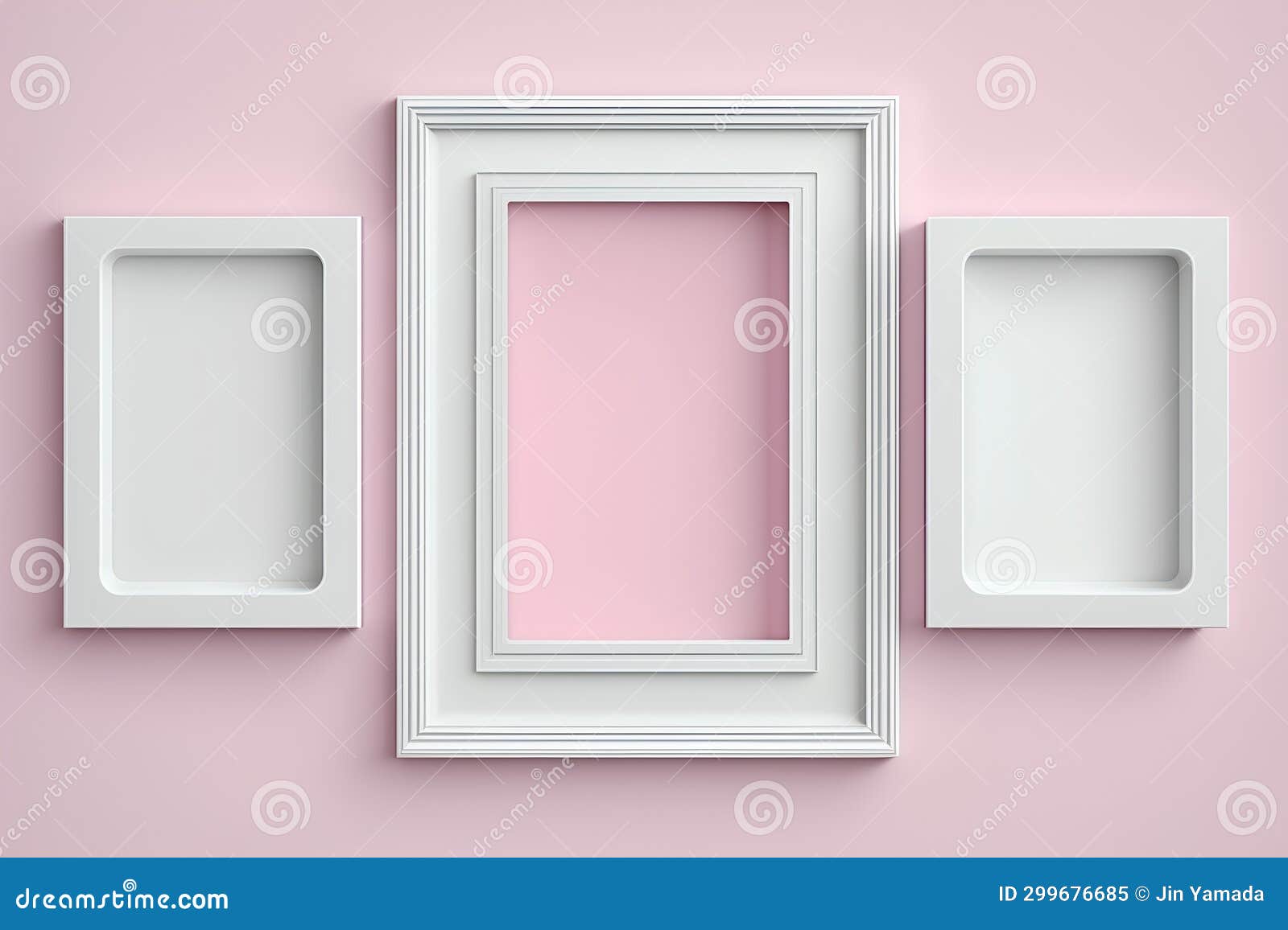 White Picture Frames on Pink Wall. 3d Render Illustration Mockup Stock