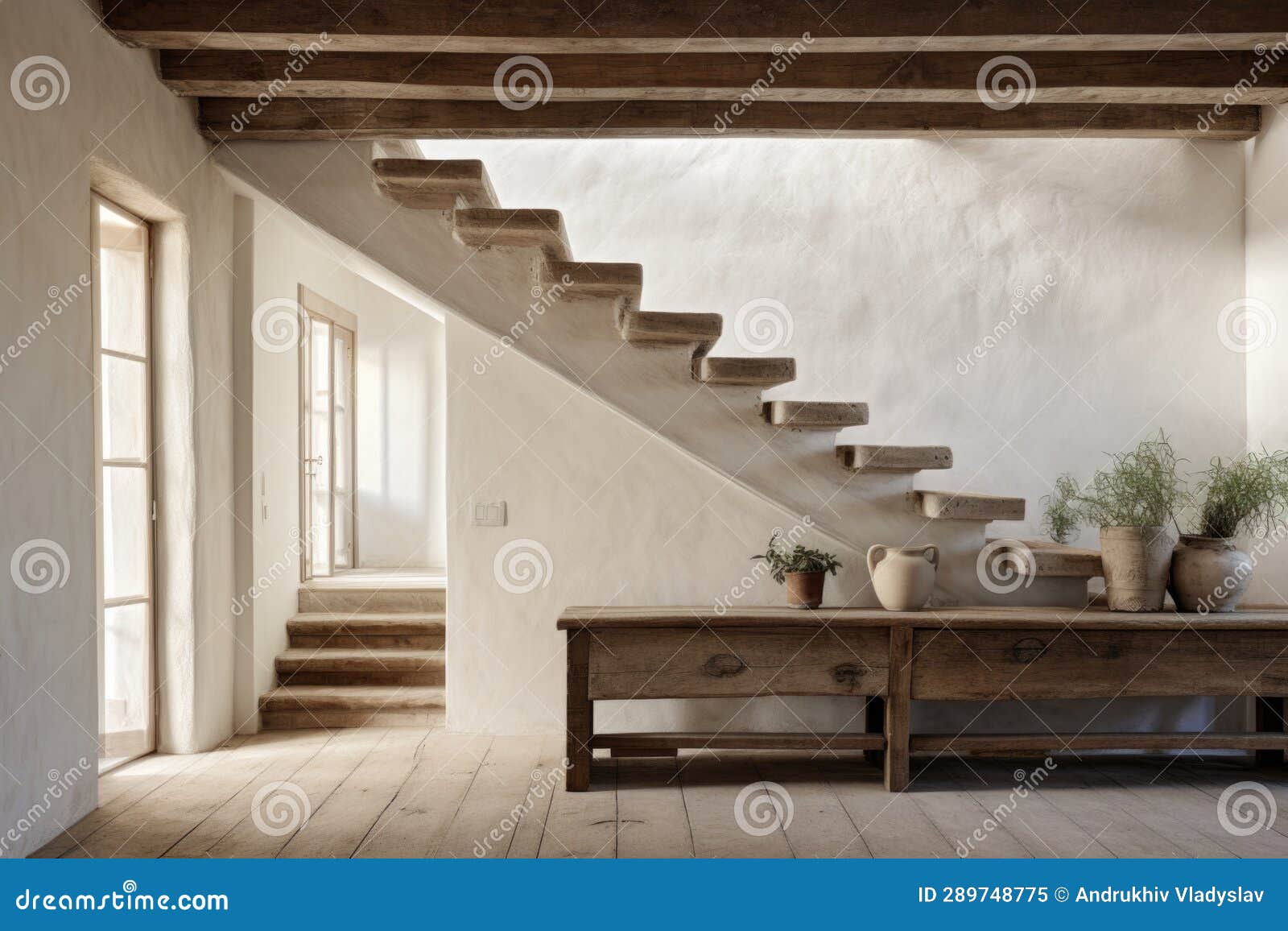 White Plaster Staircase and Timber Beams Ceiling in Farmhouse Hallway ...