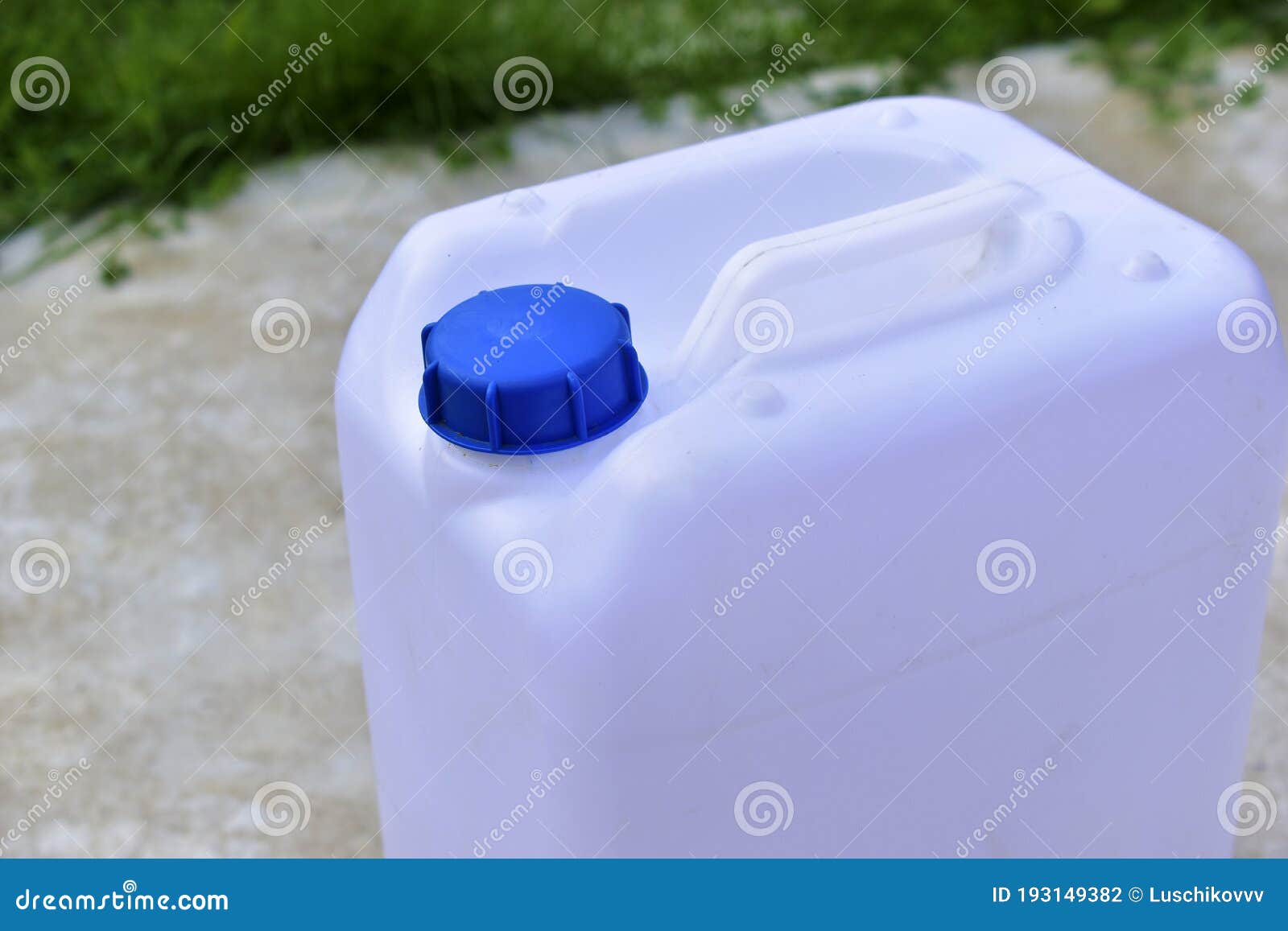 White Plastic Canister with Blue Lid in Different Positions Stock Photo