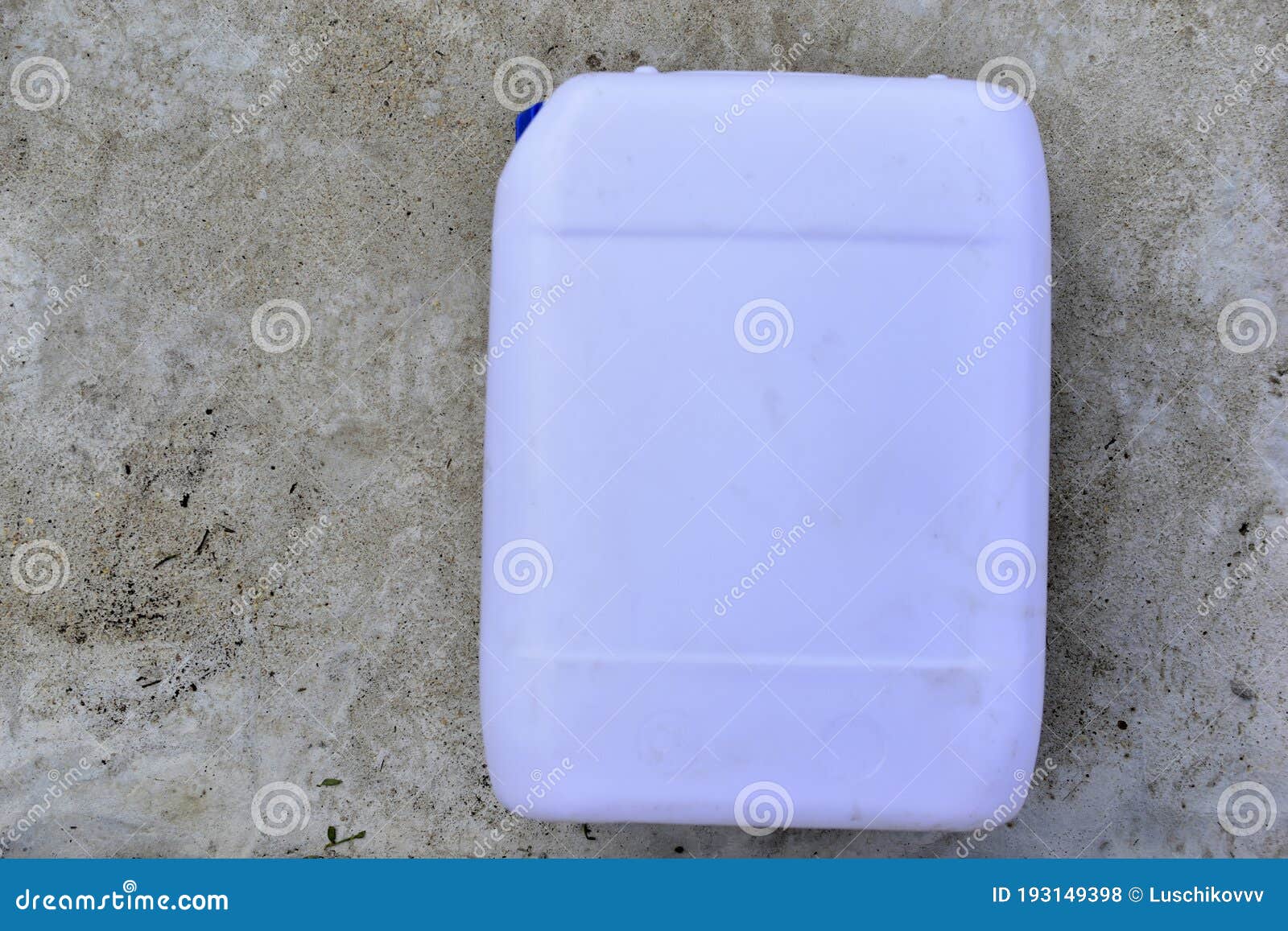 White Plastic Canister with Blue Lid in Different Positions Stock Photo