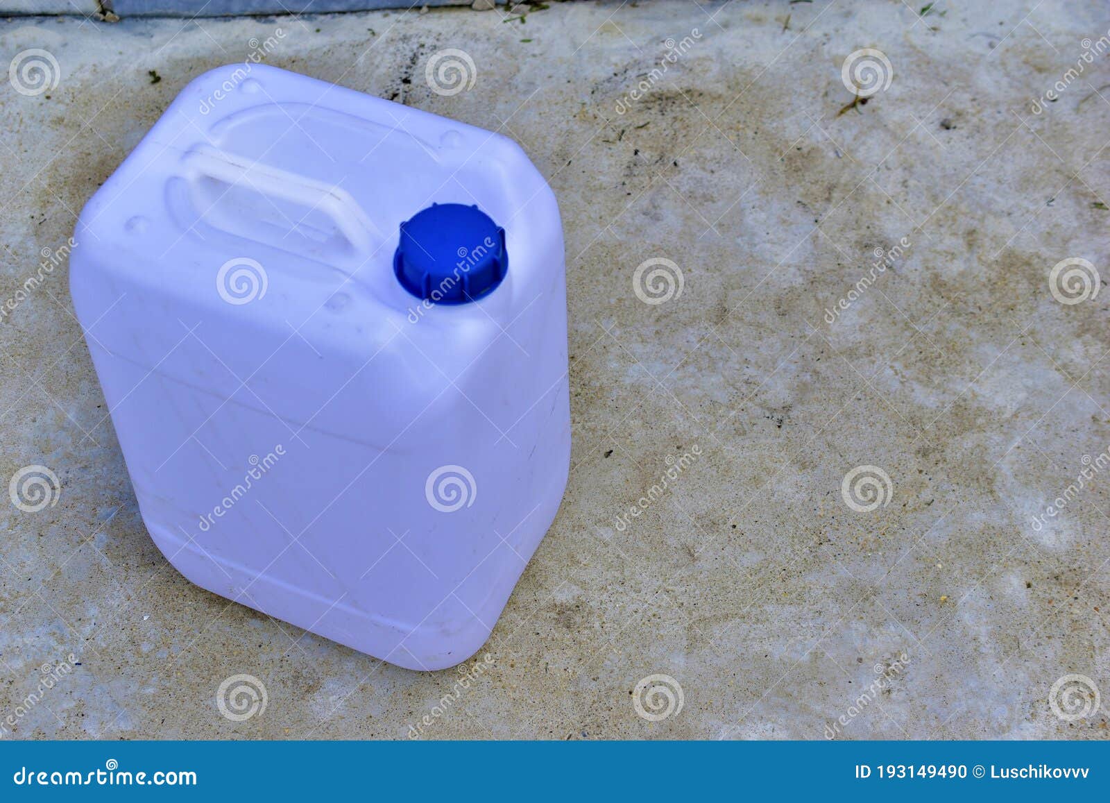 White Plastic Canister with Blue Lid in Different Positions Stock Photo